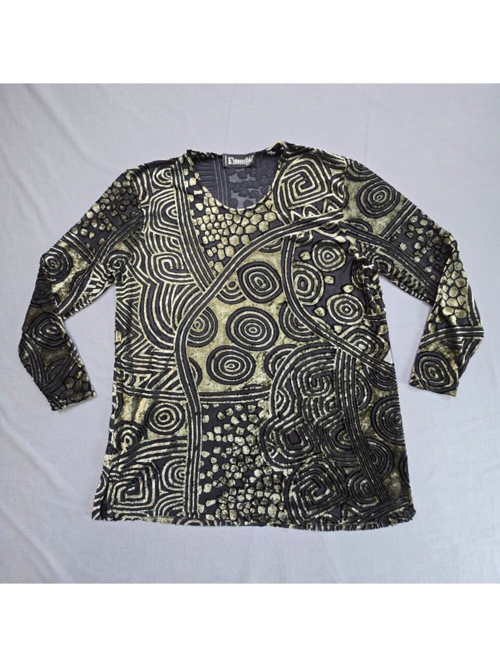 Vintage Medium Velvet Burnout 3/4 Sleeve Shirt Black Gold Abstract Artsy Stretch
